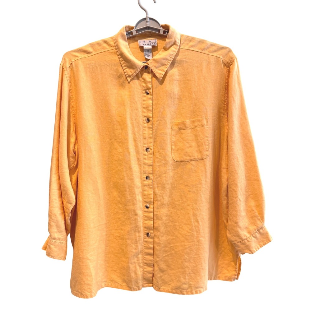 Real Comfort‎ 100% Linen Button Up Shirt Orange Coastal Lagenlook Womens 2XL